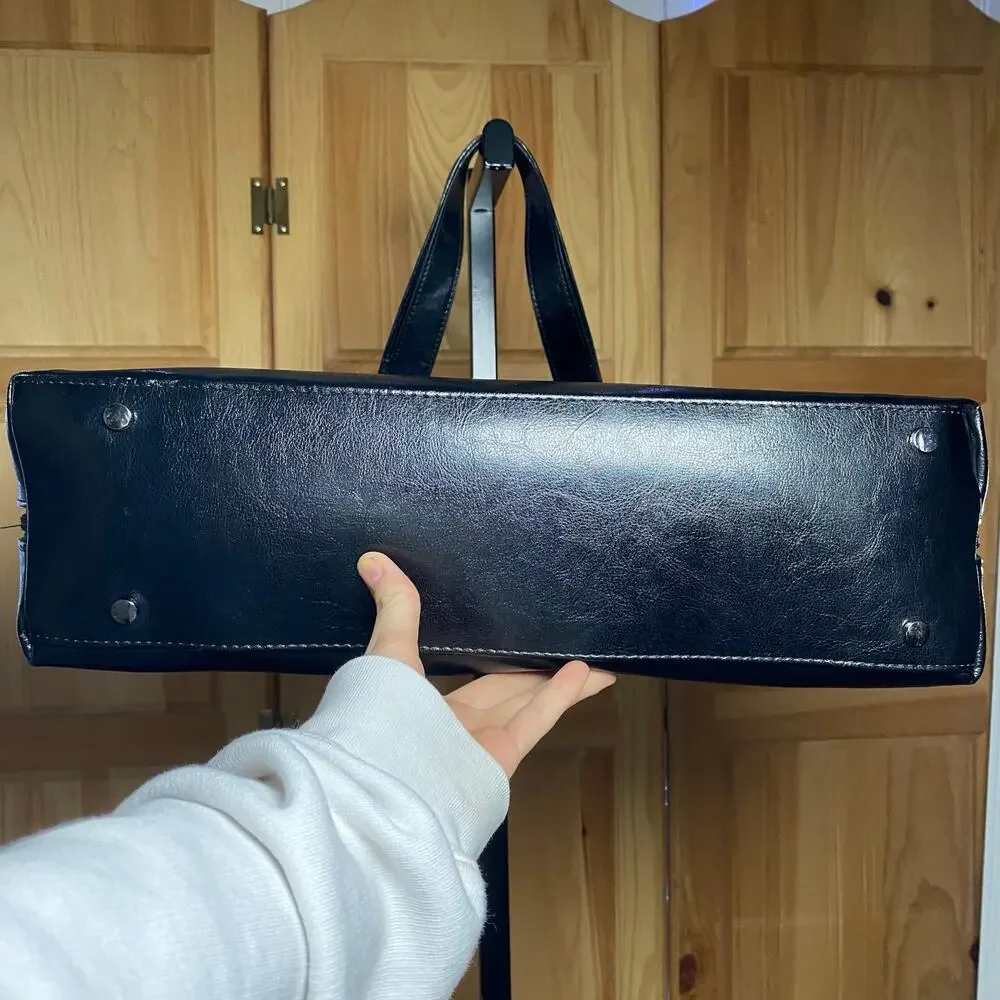 Corporate Chic Black Leather Briefcase Bag Minimalist Old Money Work Tote